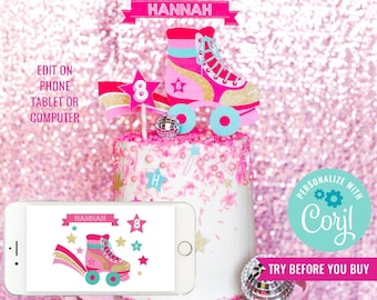 Girls Roller skating Birthday Party Cake Topper Roller skate Cake Retro Roller Skating Party Cake Instant Download Edit File in Corjl