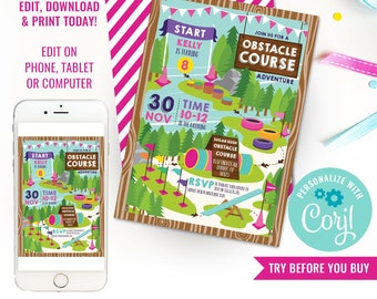 Obstacle Course Party Invitation - Girls Activity Party Invite - Girls Obstacle Course Invitation - Instant Download & Edit File with Corjl
