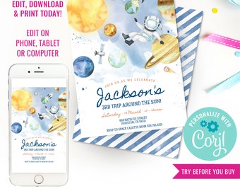 Boys Space Astronaut Birthday Party Invitation Space Birthday Party Watercolor Space Solar System Instant Download Edit File with Corjl
