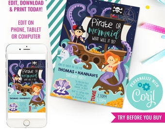 Pirate and Mermaid Party Invitation - Mermaid and Pirate Party Invitation - Under The Sea Party - Instant Download & Edit File with Corjl