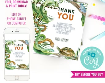 Reptile Party Thank You Cards - Reptile Favors - Reptile Party - Snake Note Cards - Instant Download & Edit File with Corjl