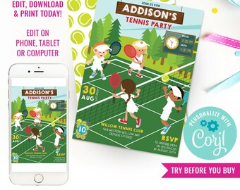 Tennis Party Invitation - Unisex Wimbledon Tennis Party Invitation - Kids Tennis Party Invitation - Instant Download & Edit File with Corjl