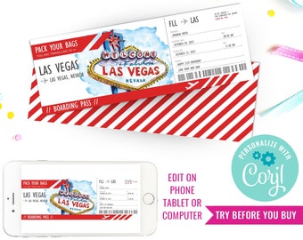 Las Vegas Surprise Vacation Gift Ticket - Travel Ticket Surprise - Printable Travel Ticket Gift - Instant Download & Edit File with Corjl