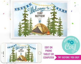 Camping Party Watercolor Welcome Sign - 11x17 Welcome Sign - Camping Party Printable Sign - Instant Download & Edit File with Corjl