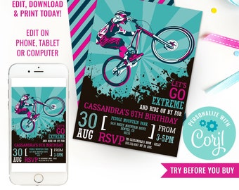 Girls Birthday Party BMX Bike Party Invitation Mountain Bike Party Invitation Girls Bike Party Invitation Instant Download Edit in Corjl