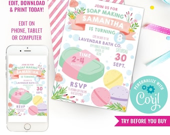 Girl Birthday Party Soap Making Invitation Pastel Party Bath Bomb PartyInvitation Instant Download Edit File in Corjl