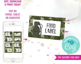 Army Camo Birthday Party Food Labels for a Boy - Modern Army Party Labels - DIY Army Camo Party - Instant Download & Edit File with Corjl