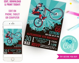 Puede incluir: Una invitación de cumpleaños para un octavo cumpleaños con temática de bicicleta de montaña. La invitación presenta una imagen de dibujos animados de una persona montando una bicicleta de montaña. El texto de la invitación dice "Let's Go Extreme" y "Alexander's 8th Birthday". La invitación también incluye la fecha, la hora y el lugar de la fiesta.
