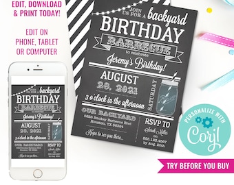 Chalkboard BBQ Birthday Invitation - Instantly Downloadable and Editable File - Instant Download & Edit File with Corjl