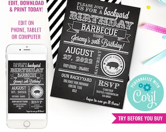 Chalkboard Birthday BBQ Invitation - Birthday Barbecue Invitation - Chalkboard Barbeque Invite - Instant Download & Edit File with Corjl