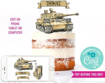 Army Tank Birthday Party Cake Topper for a Boy - Vintage Army Party Cake Toppers - DIY Army Cake - Instant Download & Edit File with Corjl