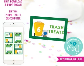 Garbage Truck Party Food Label Tent Cards - Garbage Truck Buffet Cards, Food Signs - Instant Download & Edit File with Corjl