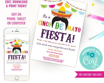 Cinco De Mayo Fiesta Invitation - Mexican Fiesta Invitation - Instant Download & Edit File with Corjl