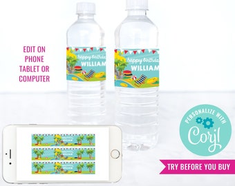 Water Park Birthday Party Water Bottle Labels - Water Slide Party Water Bottle Labels - Instant Download & Edit File with Corjl