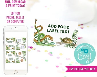 Reptile Party Food Labels - Reptile Party Labels - Reptile Party Printables - Snake Party Tent Card- Instant Download & Edit File with Corjl