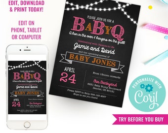 Chalkboard BaBy-Q Baby Shower for a Girl - BBQ Girl Baby Shower Invitation - Instant Download & Edit File with Corjl