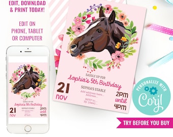 Girls Horse Birthday Party Invitation Girl Birthday Party Horse Invitation Pink Horse Party Invite Instant Download Edit File in Corjl
