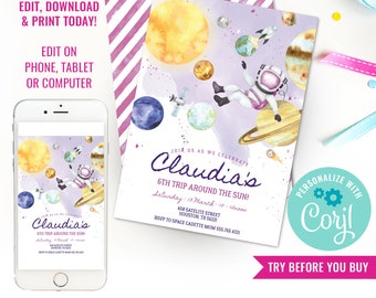 Girls Space Birthday Party Invitation Girls Astronaut Space Birthday Party Watercolor Solar System Instant Download Edit File with Corjl