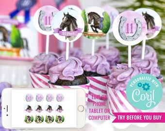 Horse Show Jumping Party Cupcake Toppers and Wrappers - Watercolor Horse Birthday - Pony Toppers - Instant Download & Edit File with Corjl