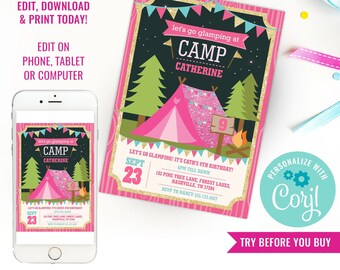 Girl Birthday Party Glamping Party Invitation Girl Camp Out Glamping Party Glitter Invite Instant Download Edit File with Corjl