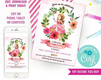 Girl Birthday Party Princess Tea Party Invitation Pink Princess Party Invite Watercolor Princess Invite Instant Download Edit with Corjl