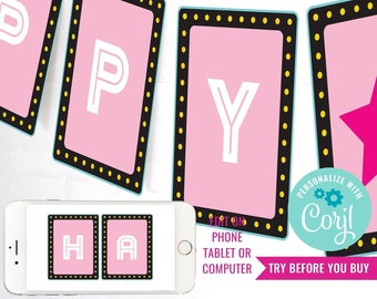 Movie Night Girls Party Happy Birthday Banner - Girls Movie Night Party Banner - Instant Download & Edit File with Corjl