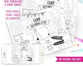 Printable Camping Coloring Custom Placemat DIY Camp Out Party Summer Camp Sleepover Activity Mat Instant Download Edit File in Corjl