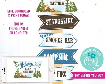 Camping Party Party Directional Signs Welcome Sign Watercolor Camping Party Printable Sign Instant Download  Edit File in Corjl
