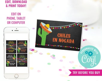 Mexican Fiesta Tent Cards, Food Labels, Buffet Cards, Food Tags, Labels - Instant Download & Edit File with Corjl