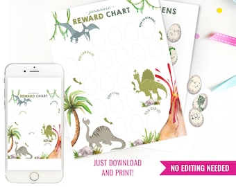 Dinosaur Reward Chart - Printable Dinosaur Chart - DIY Printable Dinosaur Reward Chart - Jurassic - Instant Download + Print at home