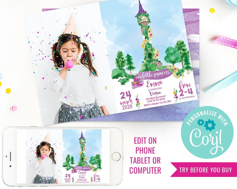 Rapunzel Party Invitation Princess Party Invitation Photo Invitation Instant Download Edit File with Corjl