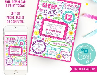 Sleepover Invitation - Tween Girls - Sleep Over Party - Slumber Party Invitation - Teen Invitation - Instant Download & Edit File with Corjl