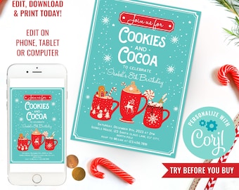 Editable Cookies Hot Cocoa Party Invite - Cookies and Cocoa Christmas Hot Chocolate Holiday Party Template -Instant Download & Edit in Corjl