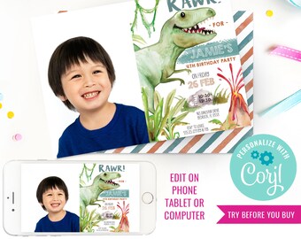 Dinosaur Birthday Party Photo Invitation - Boy Dinosaur Watercolor Birthday Invitation - Dino Party- Instant Download & Edit File with Corjl