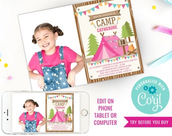 Girls Birthday Party Camping Party Photo Invite Camp Out Party Glamping Invite Girls Summer Camping Party Instant Download Edit in Corjl
