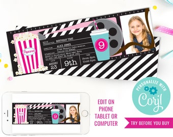 Girls Movie Party Photo Invitation DIY Girl Movie Ticket Party Invitation Movie Night Invite Instant Download Edit File in Corjl