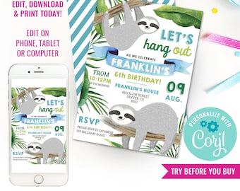 Sloth Party Invitation - Boys Sloth Invitation - Sloth Birthday Party Invitation - Instant Download & Edit File with Corjl