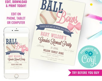 Ball or Bows Gender Reveal Party Invitation - Baseball or Ballet - Instant Download & Edit File with Corjl