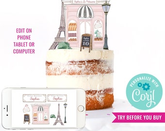 DIY French Party Cake Topper Patisserie French Café Printable Topper Paris Party Cake Instant Download Edit File in Corjl