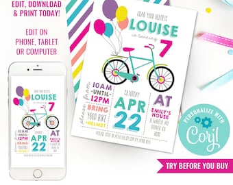 Girls Rainbow Bicycle Birthday Party Invitation Cruiser Bike Birthday Invite Instant Download Edit File in Corjl