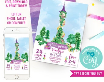 Invitación a la fiesta de cumpleaños de niñas, invitación a la fiesta de Rapunzel, invitación a la fiesta de princesas, invitación a la fiesta de Rapunzel para niñas, descarga instantánea, editar archivo con Corjl