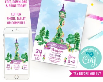 Rapunzel Party Invitation - Princess Party Invitation - Instant Download & Edit File with Corjl