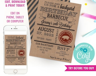 Kraft Paper BBQ Birthday Invitation - Summer Barbecue Birthday - Barbeque Invitation - Instant Download & Edit File with Corjl