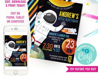 Boy Birthday Party Space Astronaut Party Invitation Space Birthday Party Mars Party Solar System Instant Download Edit File with Corjl