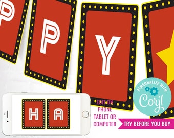 Movie Night Party Happy Birthday Banner - Movie Night Party Banner - Instant Download & Edit File with Corjl