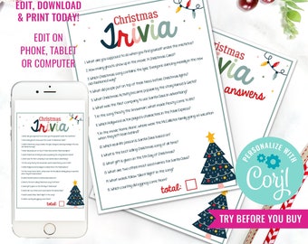 Christmas Trivia Game - Fun Christmas Printable Game - Christmas Holiday Family Game - Instant Download & Edit File with Corjl