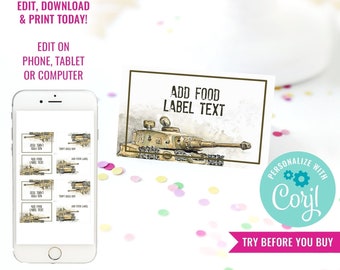 Army Tank Birthday Party Food Labels for a Boy - Vintage Army Party Tent Cards - Instant Download & Edit File with Corjl