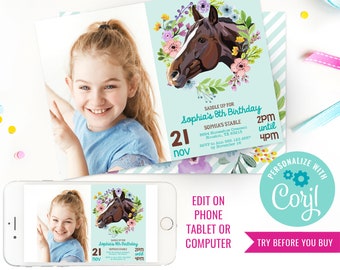 Horse Party Invitation - Horse Birthday Party Photo Invitation - Turquoise Horse Party Invite - Instant Download & Edit File with Corjl