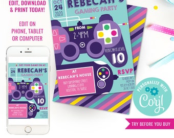 Gaming Party Invitation - Video Game Invitation - Girls Gaming Party Invitation - Instant Download & Edit File with Corjl