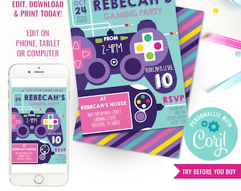 Gaming Party Invitation - Video Game Invitation - Girls Gaming Party Invitation - Instant Download & Edit File with Corjl